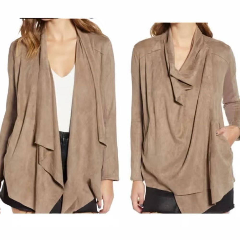 Blank NYC Taupe Faux Leather Suede Open Waterfall Drape Two Way Jacket Sz XS